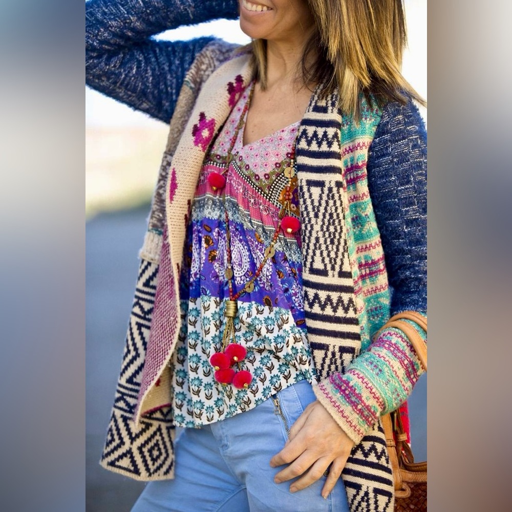 Desigual Artsy Mismatch Multi Color Pattern Cut Cardigan Open Sweater XS jacket